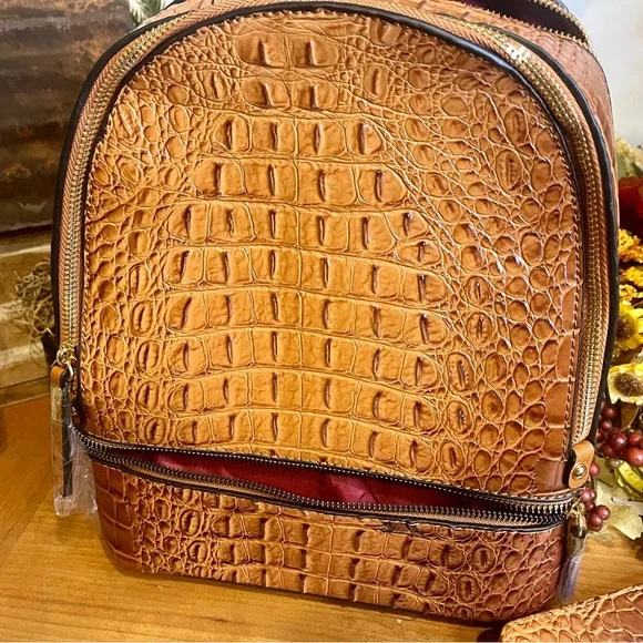 American Bee Preppy Vegan Leather Croc Backpack & Wallet Set in Brown. NWT - Picture 6 of 14